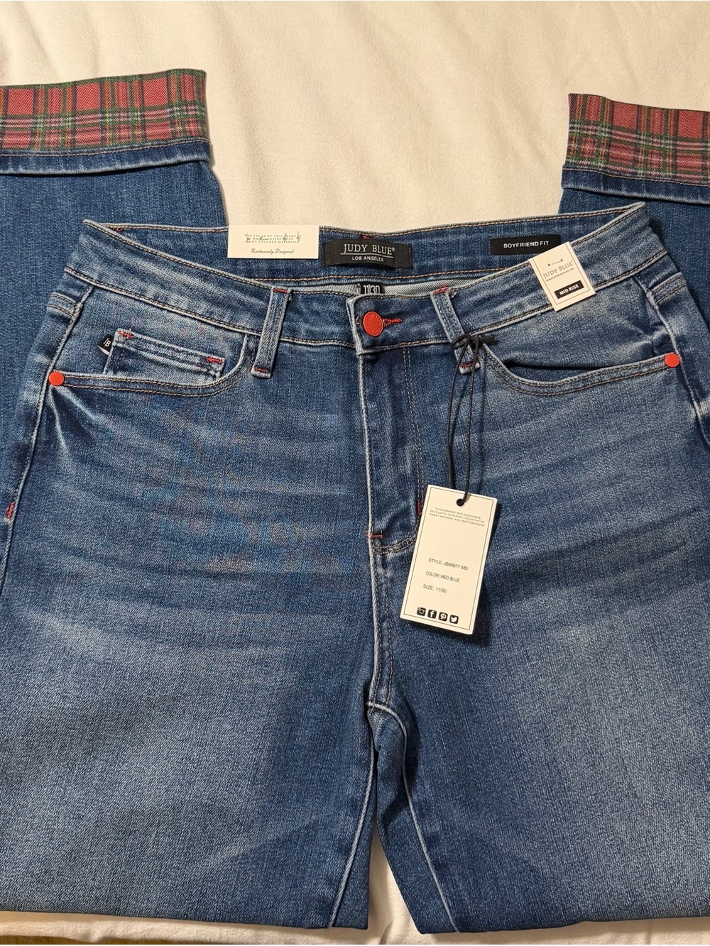 NWT Judy Blue Medium Blue Boyfriend Jeans with Red Plaid Cuffs